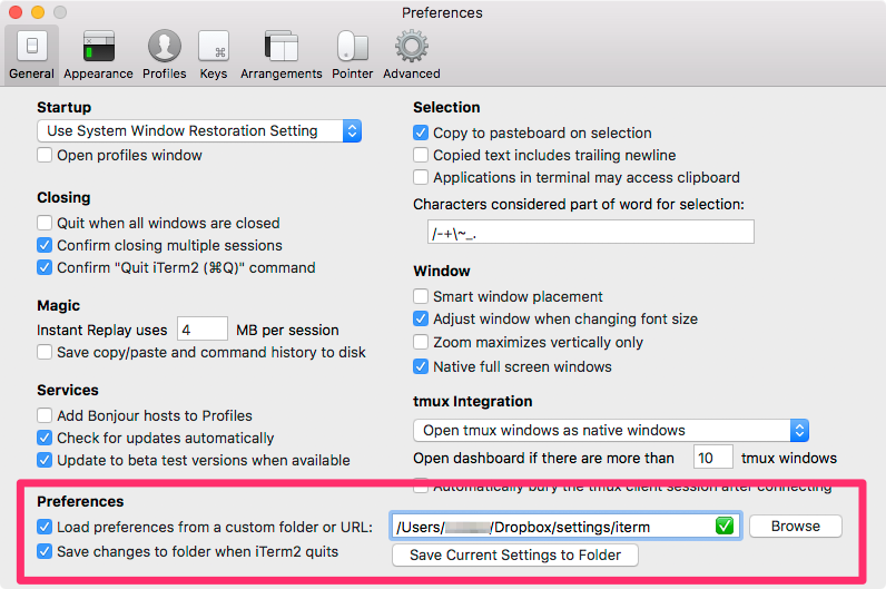 screenshot of iterm preferences